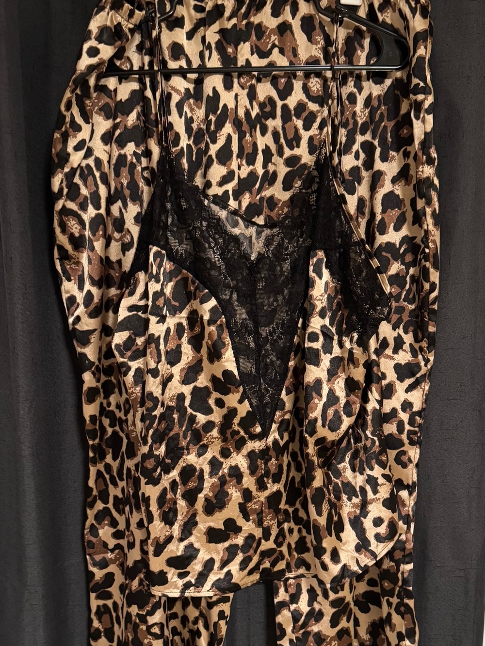 Leopard Satin Lace-Trim Pajama Set - Black & Tan